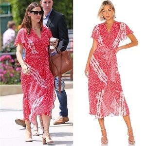 TANYA TAYLOR Silk Ruffle Floral Stripe Flutter Short Sleeve Wrap Midi Dress 0